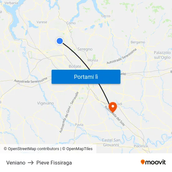 Veniano to Pieve Fissiraga map