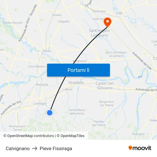 Calvignano to Pieve Fissiraga map