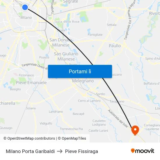 Milano Porta Garibaldi to Pieve Fissiraga map