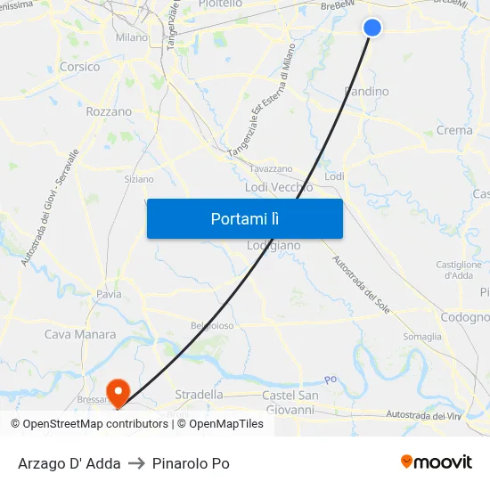 Arzago D' Adda to Pinarolo Po map