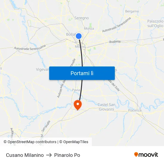 Cusano Milanino to Pinarolo Po map