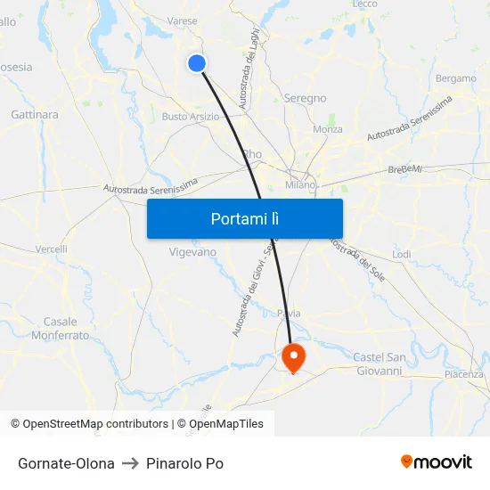 Gornate-Olona to Pinarolo Po map
