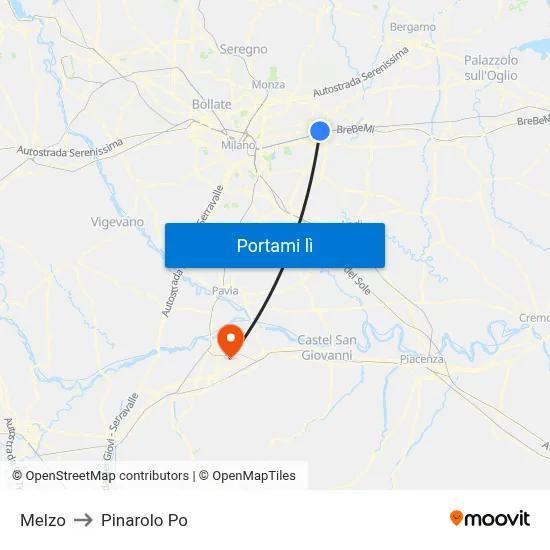 Melzo to Pinarolo Po map
