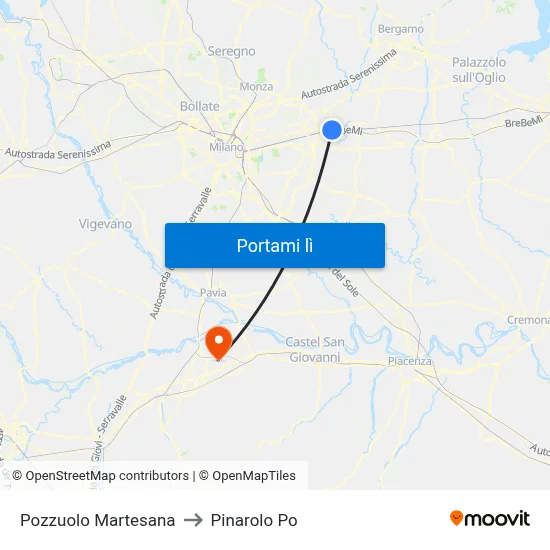 Pozzuolo Martesana to Pinarolo Po map