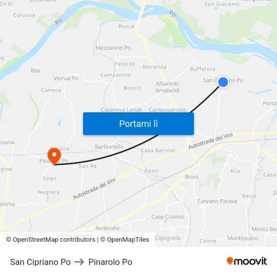 San Cipriano Po to Pinarolo Po map