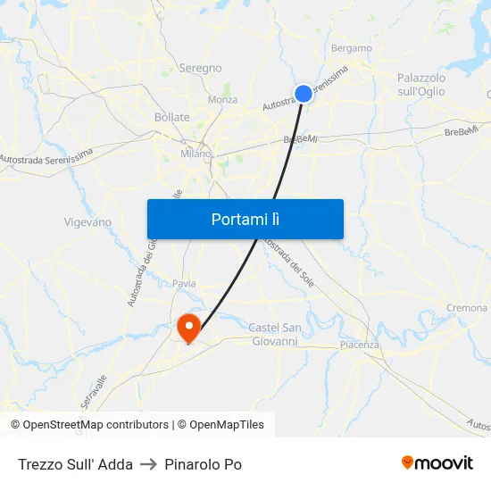 Trezzo Sull' Adda to Pinarolo Po map