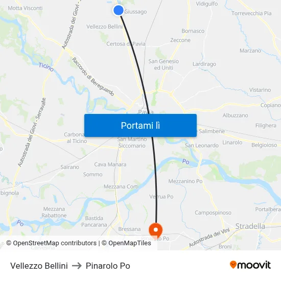 Vellezzo Bellini to Pinarolo Po map