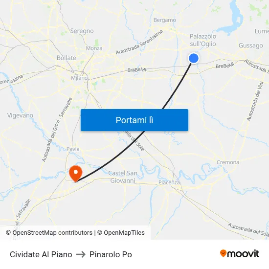 Cividate Al Piano to Pinarolo Po map