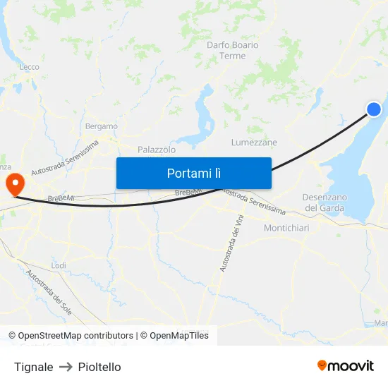 Tignale to Pioltello map