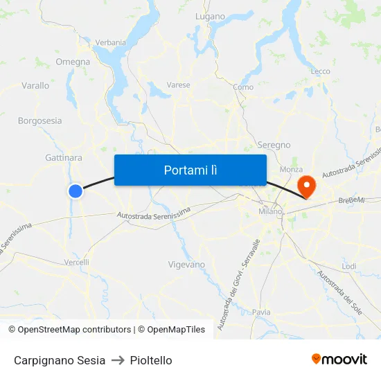 Carpignano Sesia to Pioltello map