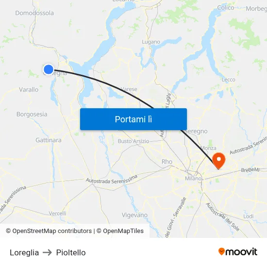 Loreglia to Pioltello map