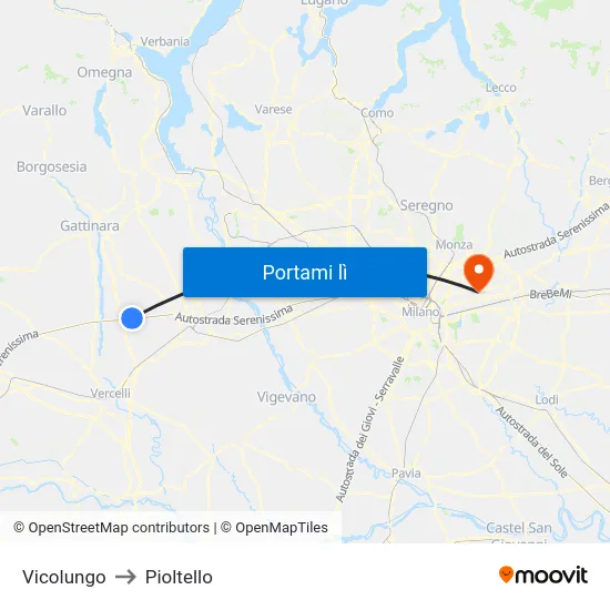 Vicolungo to Pioltello map