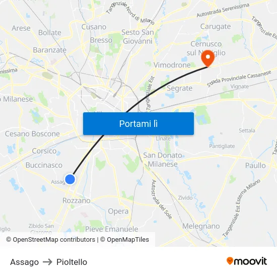 Assago to Pioltello map