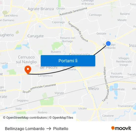 Bellinzago Lombardo to Pioltello map