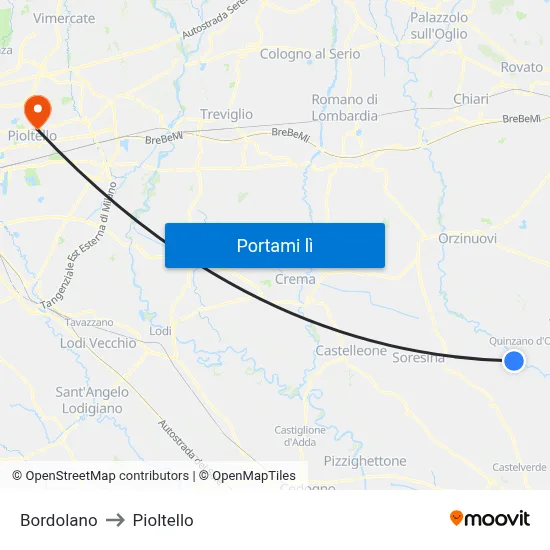 Bordolano to Pioltello map