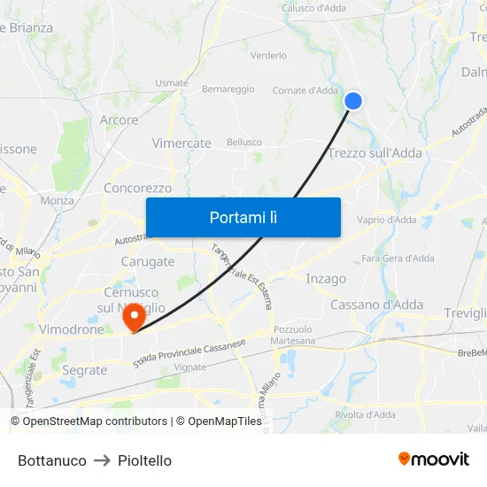 Bottanuco to Pioltello map