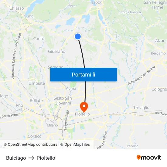 Bulciago to Pioltello map