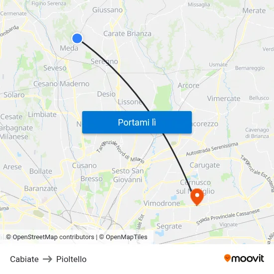 Cabiate to Pioltello map