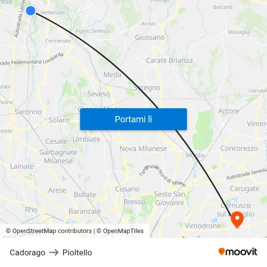 Cadorago to Pioltello map