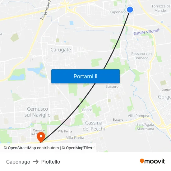 Caponago to Pioltello map