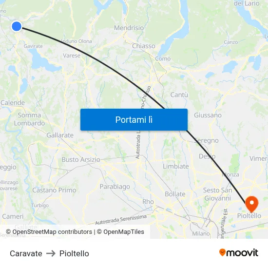 Caravate to Pioltello map