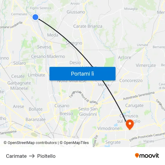 Carimate to Pioltello map