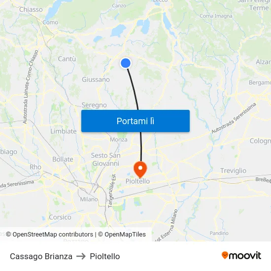 Cassago Brianza to Pioltello map