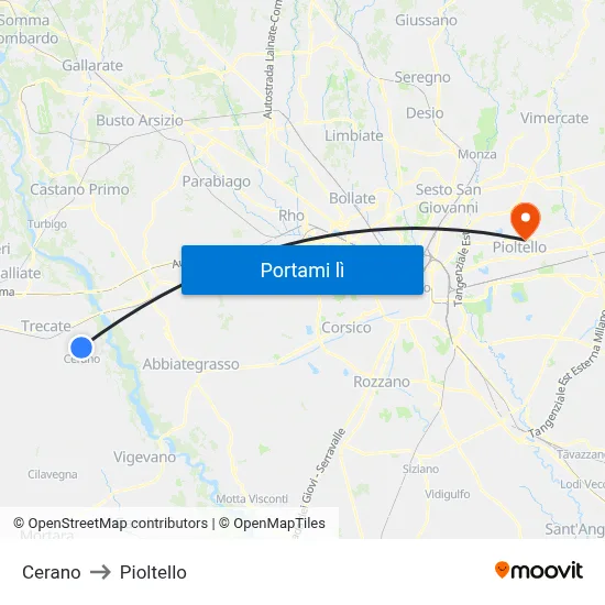 Cerano to Pioltello map