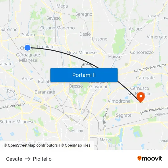 Cesate to Pioltello map