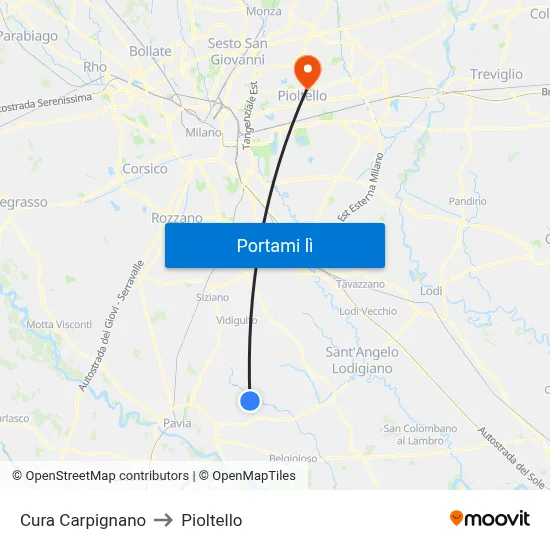 Cura Carpignano to Pioltello map