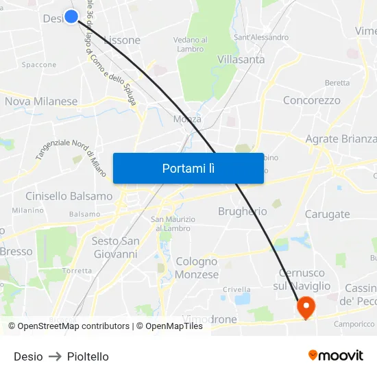 Desio to Pioltello map