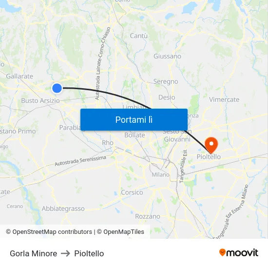 Gorla Minore to Pioltello map
