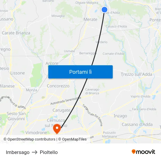 Imbersago to Pioltello map