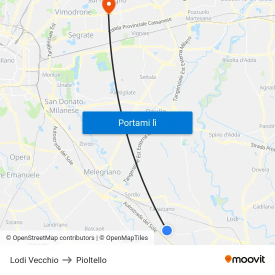 Lodi Vecchio to Pioltello map