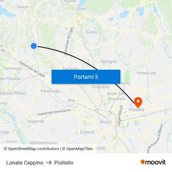 Lonate Ceppino to Pioltello map