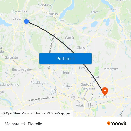 Malnate to Pioltello map