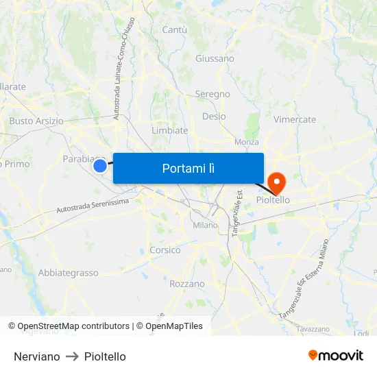 Nerviano to Pioltello map