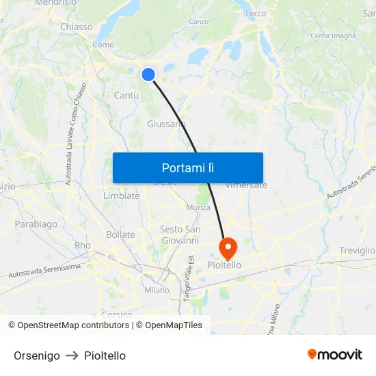 Orsenigo to Pioltello map