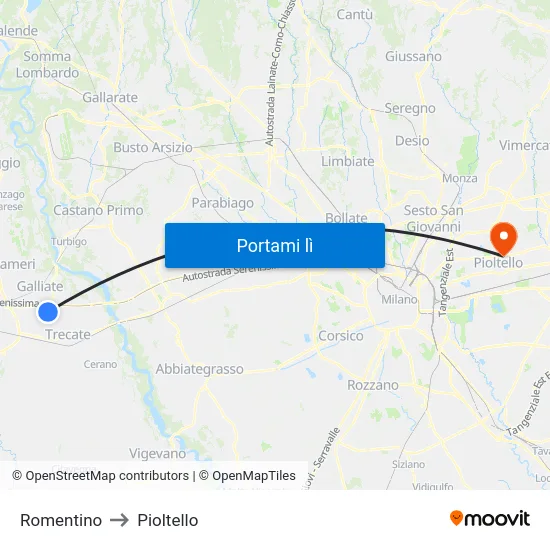 Romentino to Pioltello map