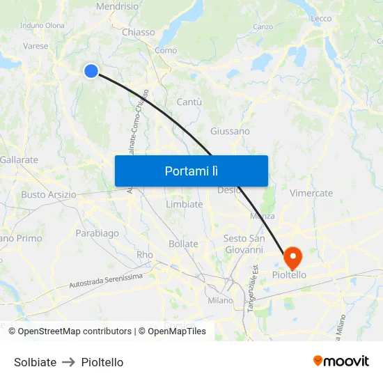 Solbiate to Pioltello map