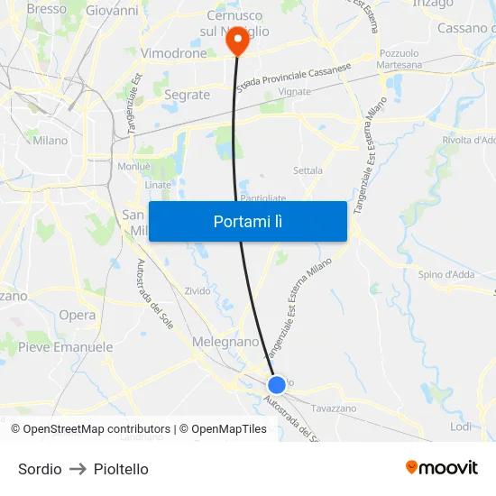 Sordio to Pioltello map