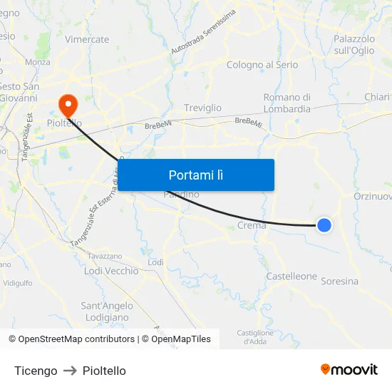 Ticengo to Pioltello map