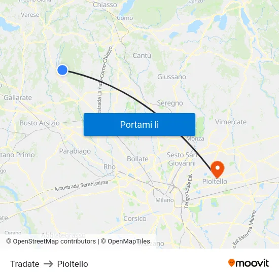 Tradate to Pioltello map