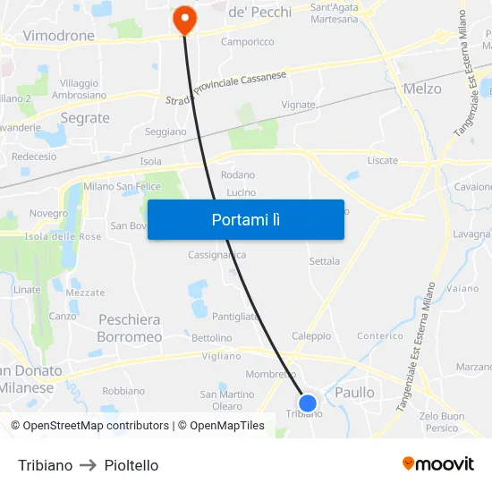 Tribiano to Pioltello map