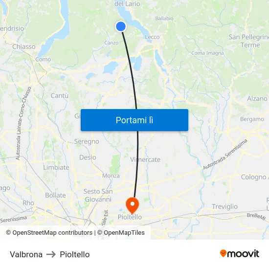 Valbrona to Pioltello map