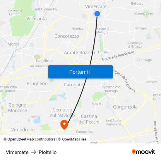 Vimercate to Pioltello map