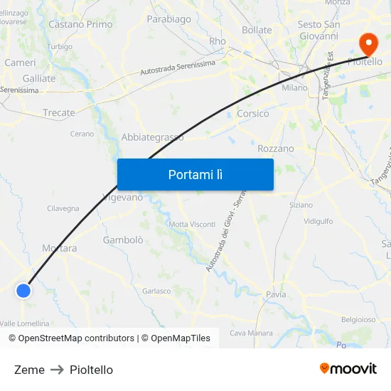 Zeme to Pioltello map