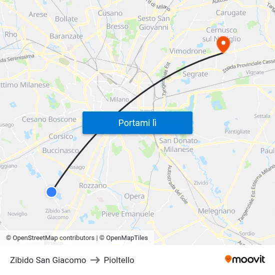 Zibido San Giacomo to Pioltello map