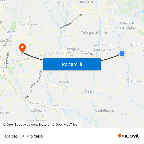 Calcio to Pioltello map