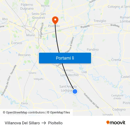 Villanova Del Sillaro to Pioltello map